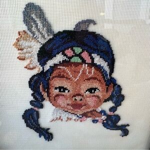 Vintage Petit Point Native American Girl Framed Portrait Needlepoint Art 5.5”x6”